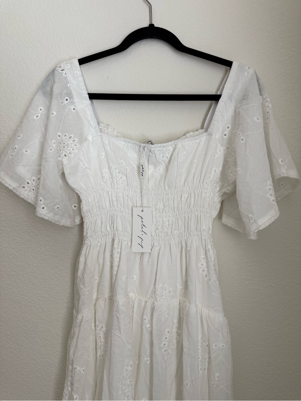 Petal + Pup | White Eyelet Smocked Whimsical Midi Dress - Picture 3 of 8